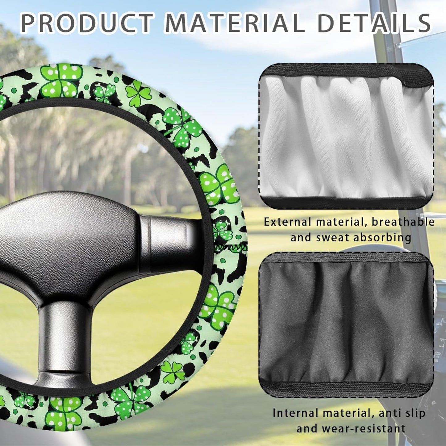 St. Patrick's Day Green Leaves Golf Cart Steering Wheel Cover, Polyester, 13-14 Inch, Universal Fit, Boat & Golf Cart