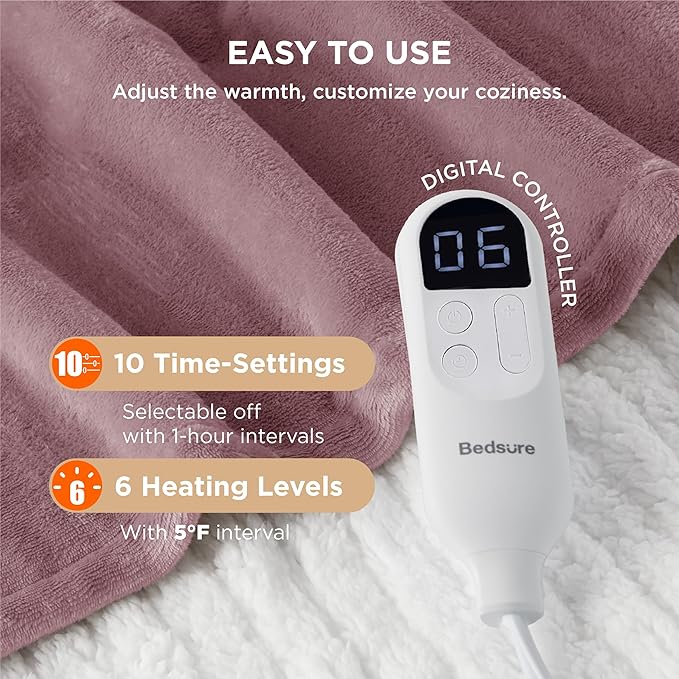 Bedsure Electric Twin Blanket - Soft Flannel & Sherpa, 6 Heat & 10 Time Settings, Purple, 62x84 inches
