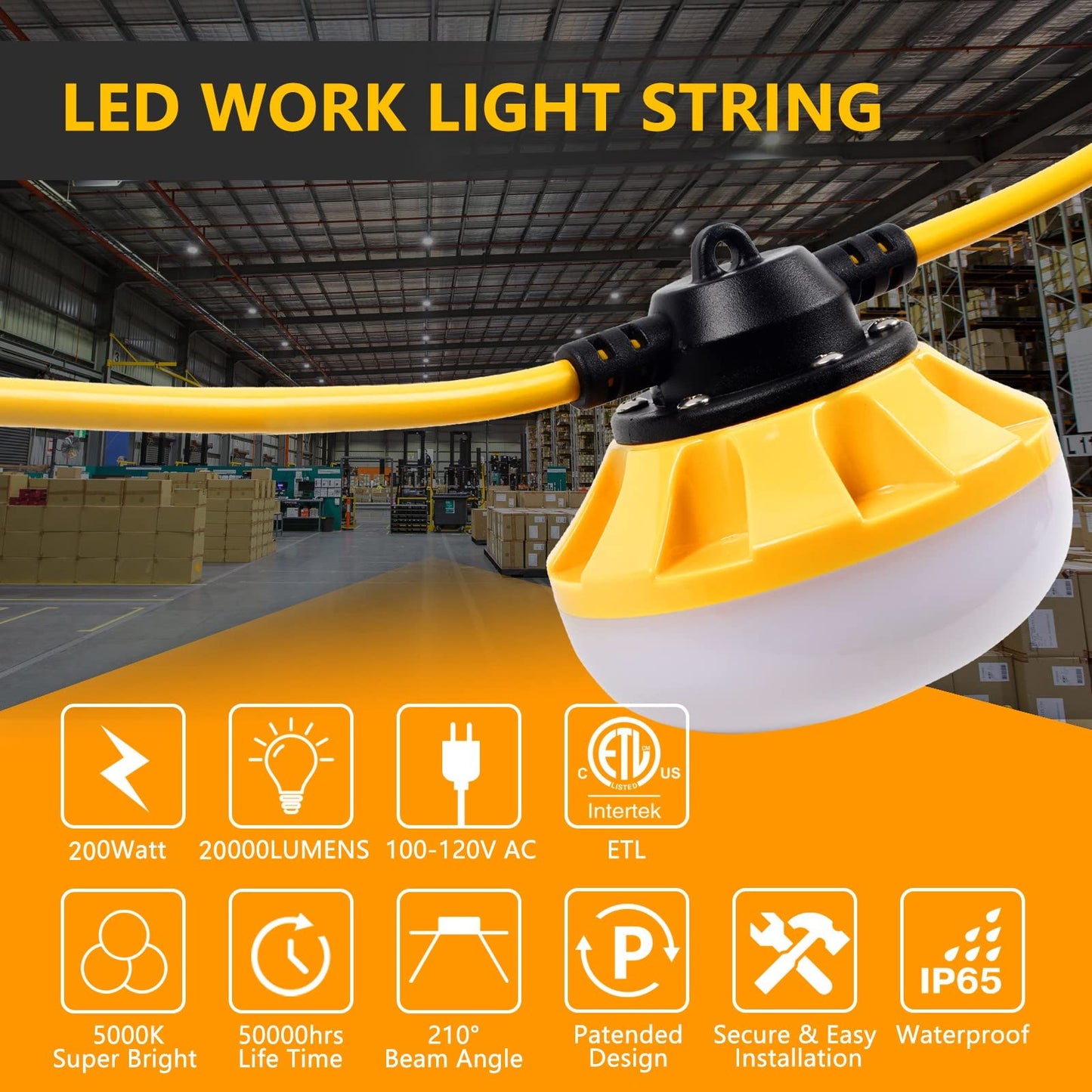 Muasdae 200Ft Led Construction String Lights, Yellow Glass, Ideal For Outdoor Lighting, Renovation, And Walkways