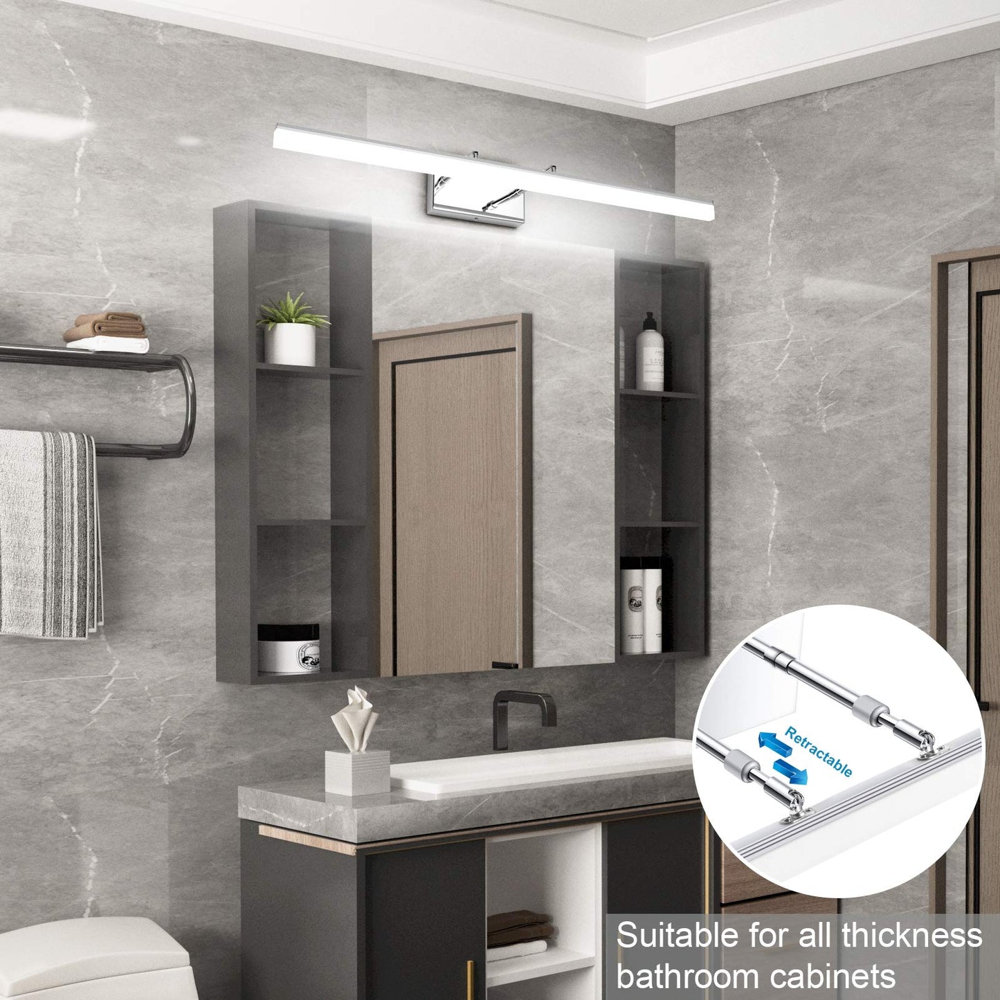 Aipsun 31.5 Led Vanity Light Fixture, Chrome Stainless Steel, Adjustable Bathroom Lighting, Model Ca-6480-80Cm, 5500K