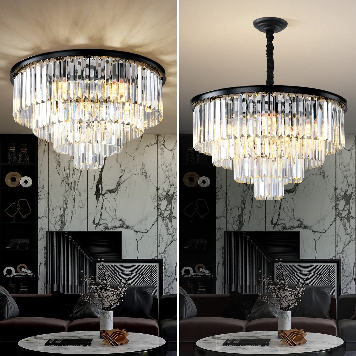 Laiuetai Black Modern Crystal Chandelier  4-Tier Round Flush Mount Ceiling Light Fixtures Height Adjustable Pendant Lighting For Dining Room Living Room Bedroom Kitchen Hotel Foyer
