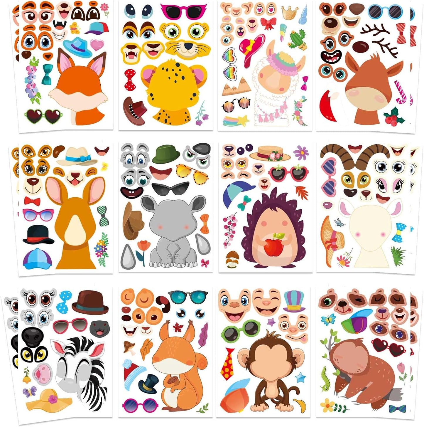 48 PCS Make a Face Stickers Sheets for Kids, Make Your Own Animal Mix and Match Stickers Sheets, Cute Animal Sticker for Birthday Party Favors Supplies Teacher Reward