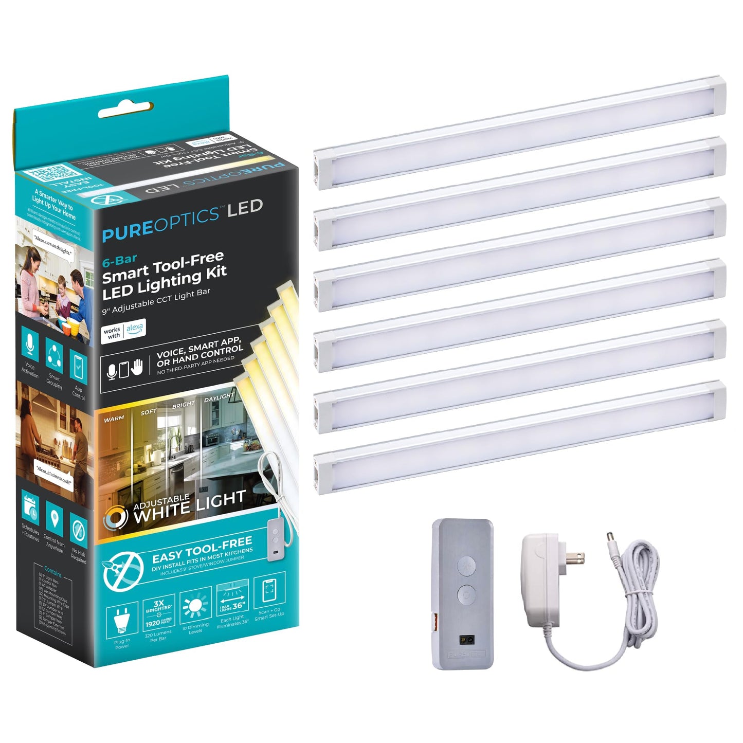 Black+Decker Smart Under Cabinet Lighting Kit, 6 Adjustable 9 Led Bars, White, Aluminum