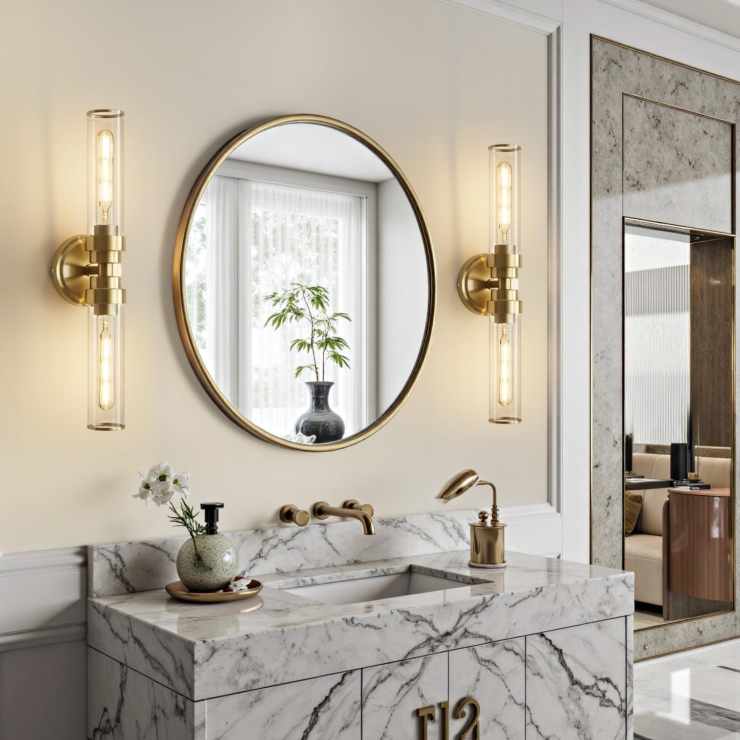 Vaziden Bathroom Light Fixtures  Gold Wall Sconce In Clear Glass Vanity Lights  Modern Bathroom Vanity Light Up And Down Sconces Wall Lighting For Living Room  Hallway  Bedroom - Bulb Not Included