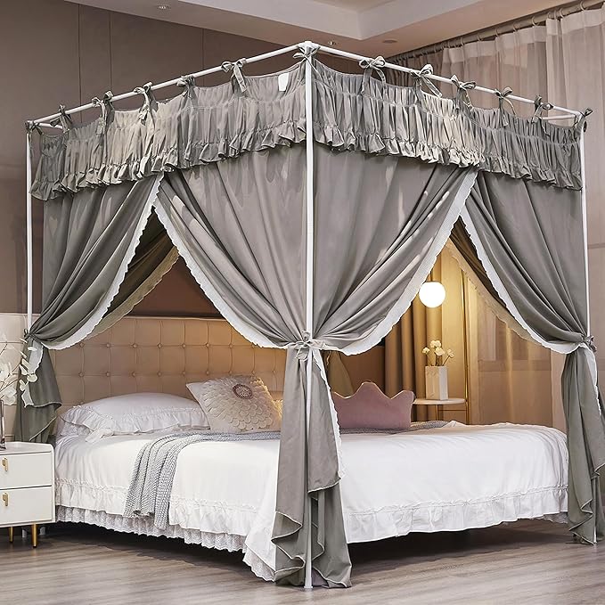 Ruffle Lace up 4 Corners Post Princess Curtain Bed Canopy Cozy Breathable Mosquito Net Cloth for Girls Adults Bedroom Decoration (Grey, 53" W*78" L*82" H/Full)