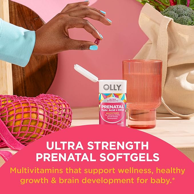 OLLY Ultra Strength Prenatal Multivitamin Softgels, Supports Healthy Growth, Brain Development & Ultra Strength Hair Softgels, Supports Hair Health, Biotin, Keratin, Vitamin D, B12