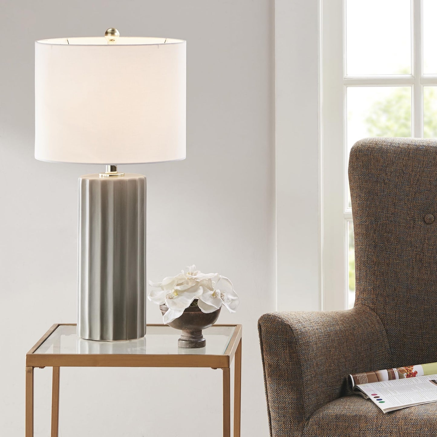 Ink+Ivy Ceramic Fluted Table Lamp - 27 Grey Nightstand Lamp With Linen Shade, Rotary Switch, Accent Decor