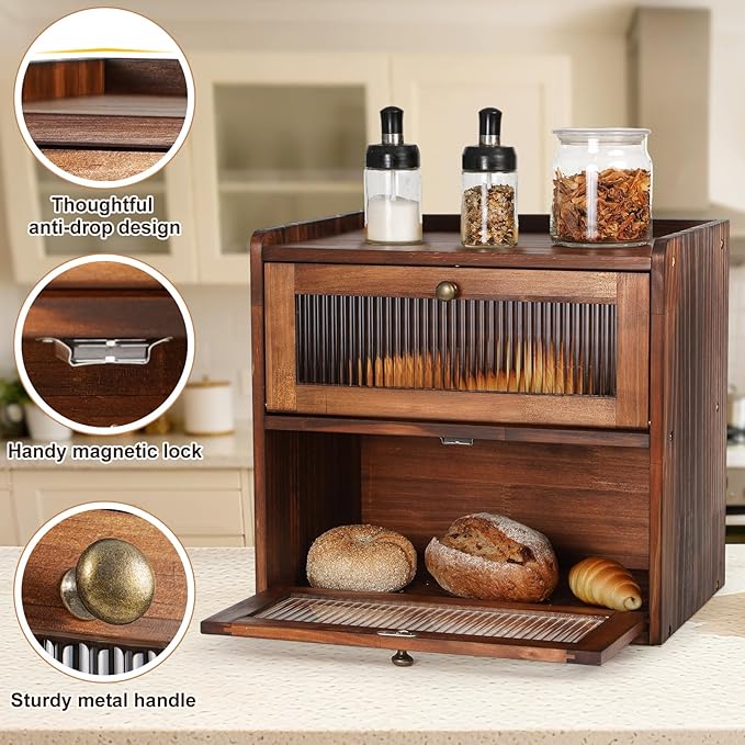 Ciilee Baby Bread Box for Kitchen Countertop Wooden Double Layer Storage Container Bread Bin Large Capacity Vintage Bread Keeper Farmhouse Breadbox Pantry Organizer Versatile Food Cabinet(Brown)