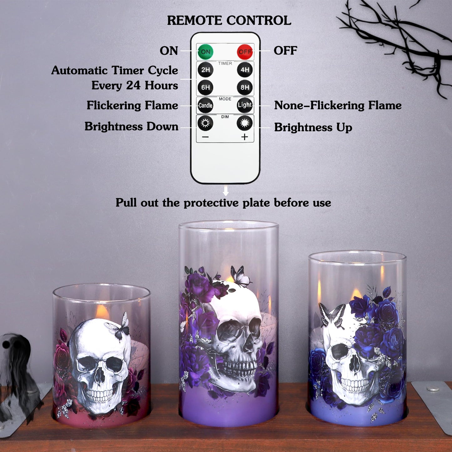 Immeiscent Halloween Glass Flameless Candles Romantic Gothic Skull Floral Battery Operated Remote Timer Flickering LED Pillar Candle for Wedding Party Goth Bathroom Decor