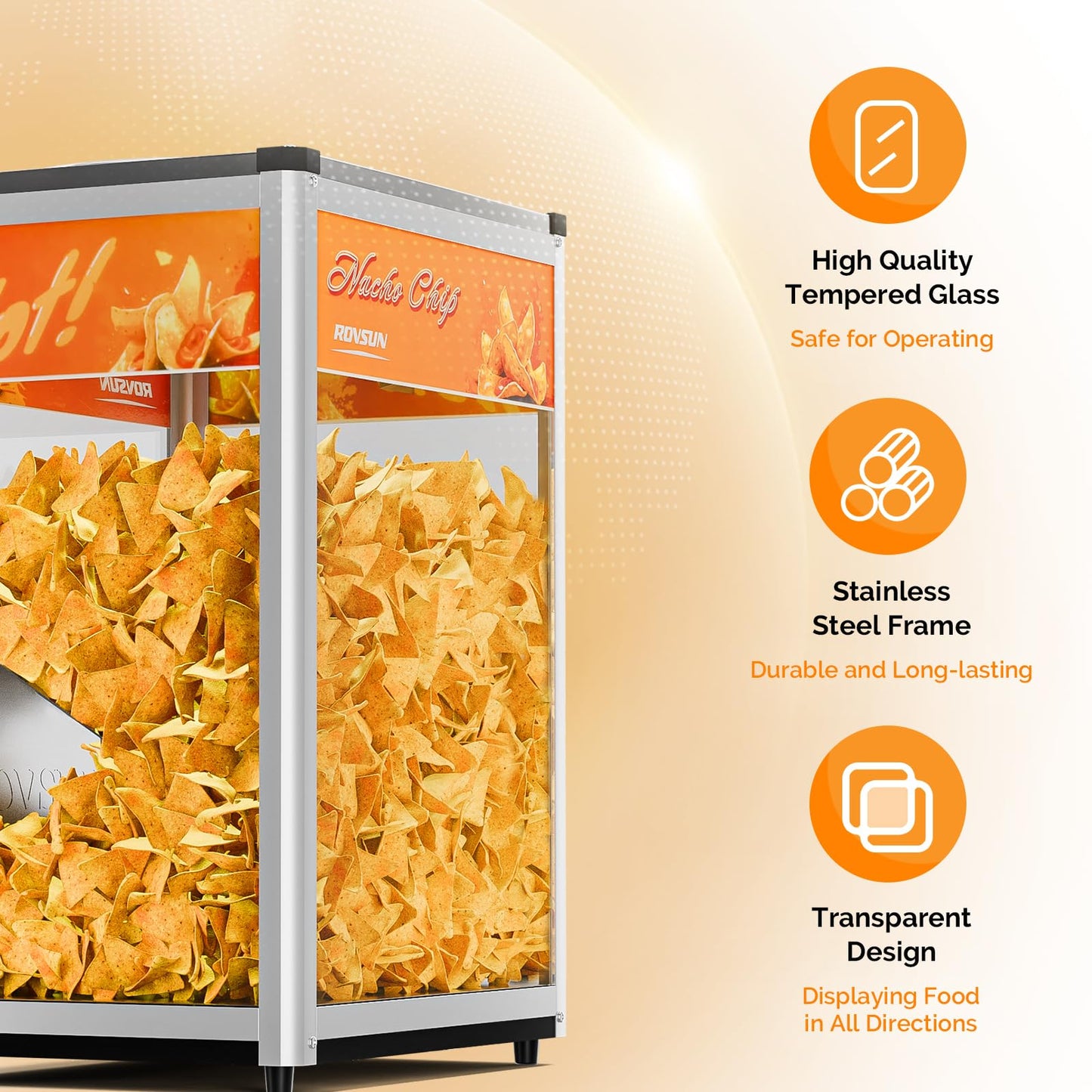ROVSUN Nacho Machine Food Warmer, Nacho Chip Warmer Countertop Display Case with Warming Light, Removable Deflection, Glass Door, Scoop for Nacho Chips Peanuts Popcorn Stainless Steel