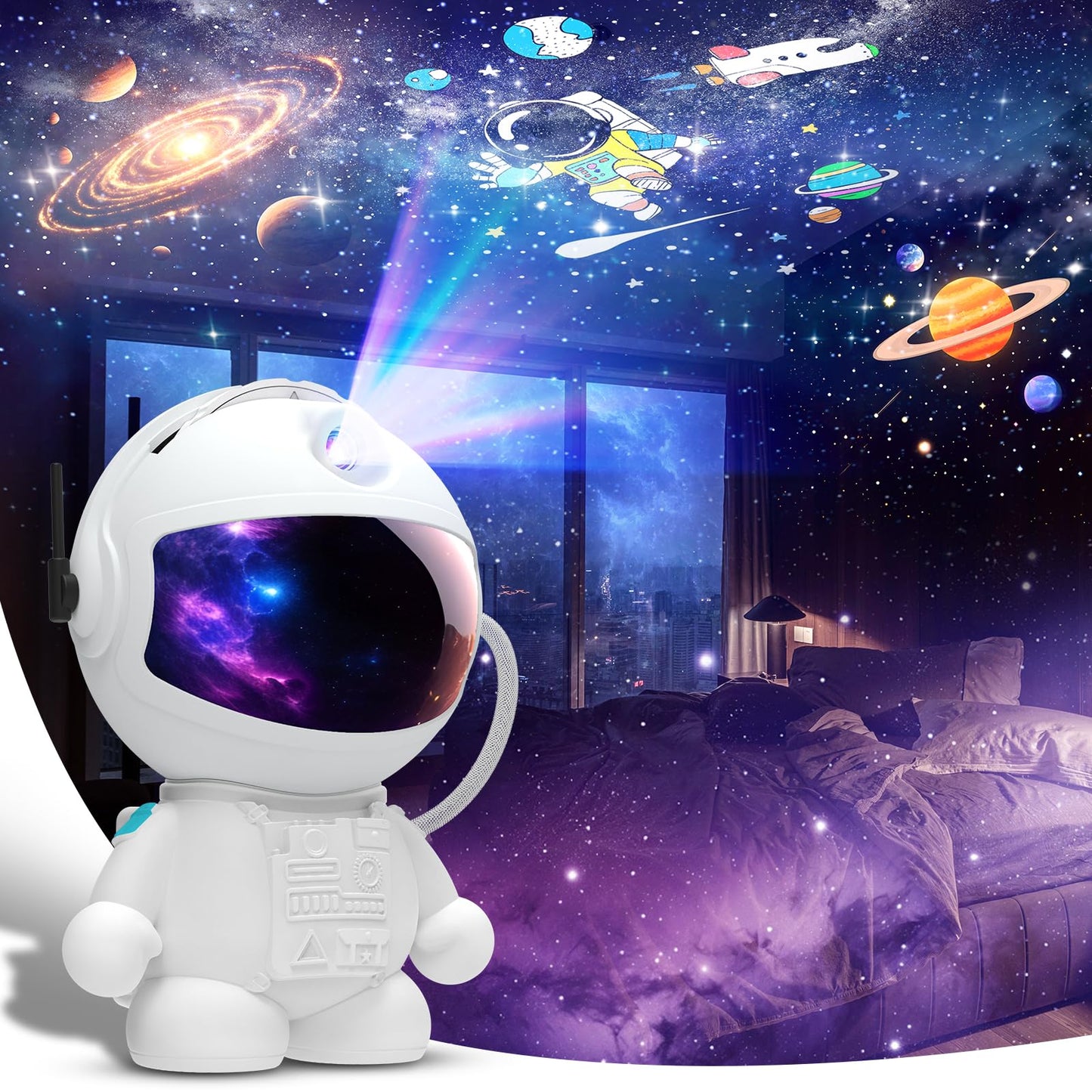 FSSQBFLC Astronaut  tarium Projector, LED Galaxy Lamp, 12 Image Discs, White, Model HT-F05