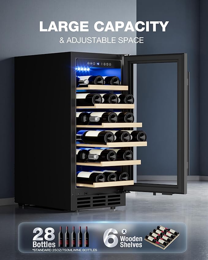 15 Inch Wine Cooler Refrigerator, 28 Bottle Wine Fridge with Removable Shelves, Wine Fridge Under Counter for Built-In or Freestanding with Double-Layer Glass Door, for Home, Office (Black)