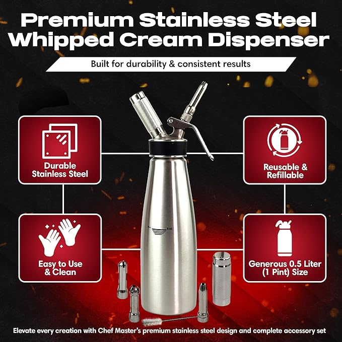 Chef Master (1 Pint / 0.5 Liter) Stainless Steel Whipped Cream Dispenser - Decorating Tips for Desserts, Latte + Cleaning Brush - Whip Cream Dispenser Canister for Home, Bakery or Restaurant - 90078