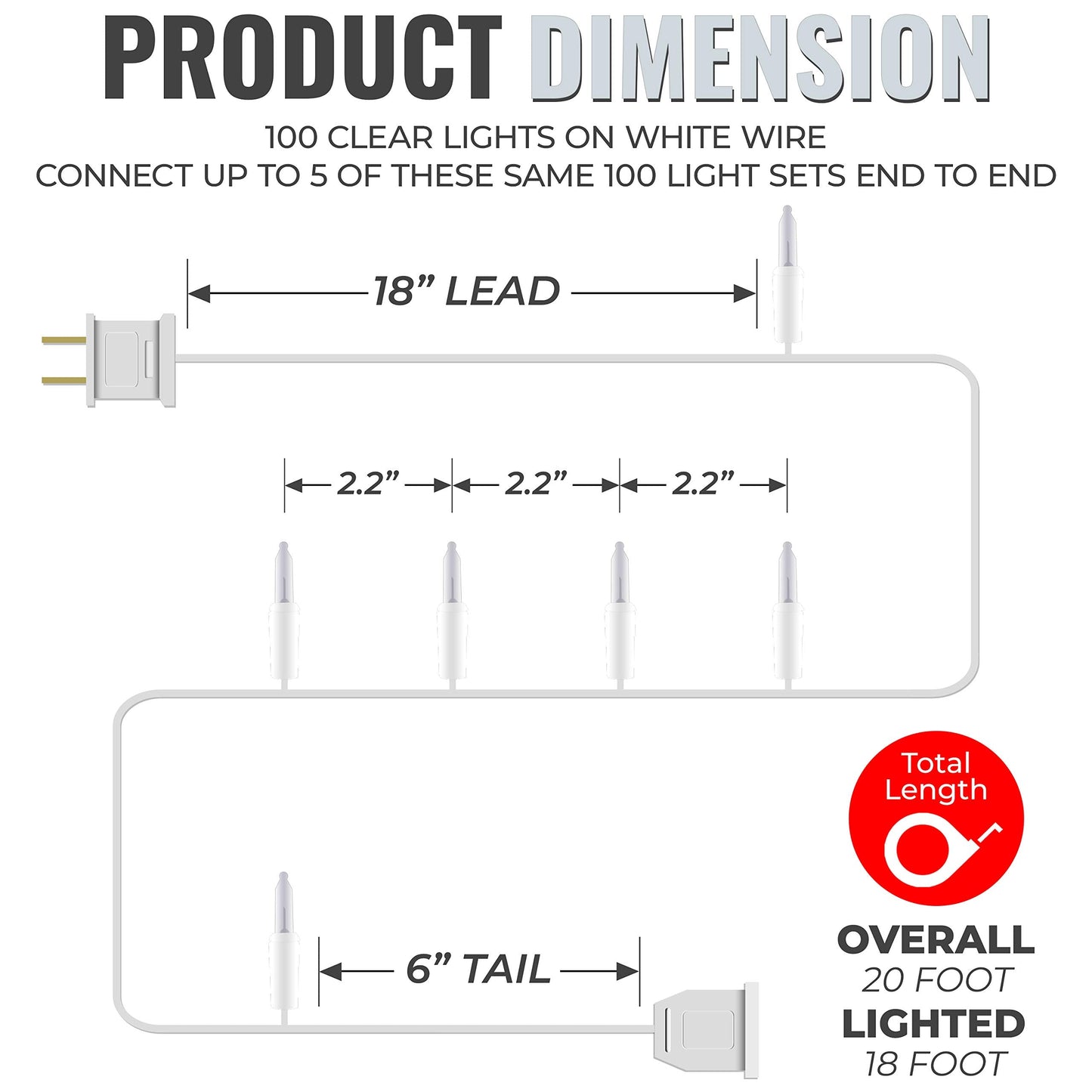 612 Vermont Christmas Lights, 100 Clear Lights on White Wire, UL Approved, 18ft Lighted Length, Indoor/Outdoor Use