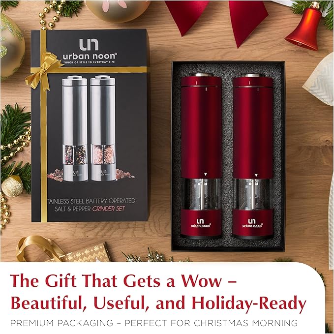 Electric Salt and Pepper Grinder Set - 2 Battery Operated Stainless Steel Mills with Light (Elegant Red Burgundy) - Automatic One Handed Operation - Electronic Adjustable Shakers - Ceramic Grinders