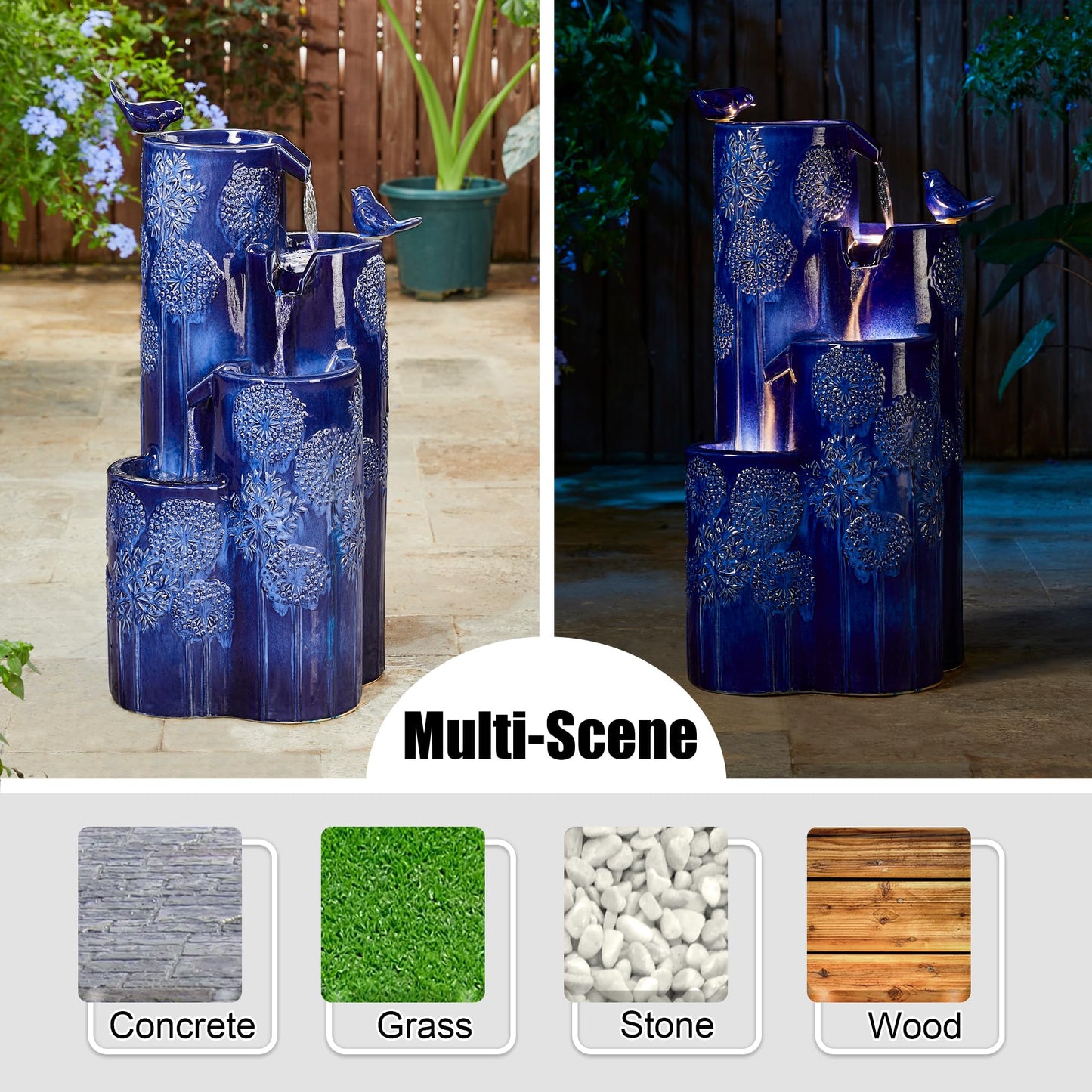 Glitzhome 32" H Outdoor Water Fountain with LED Lights and Pump, 4 Tier Ceramic Cobalt Blue Dandelion Texture Outdoor Fountains and Waterfalls with Cute Birds, for Porch Deck Garden Patio Backyard