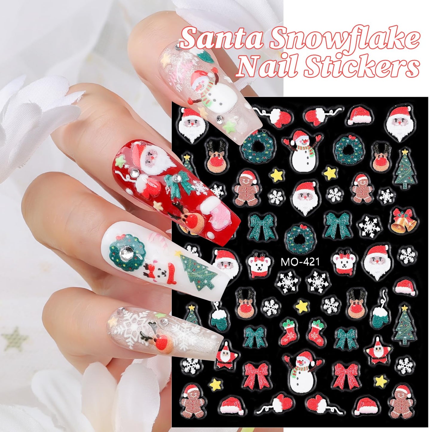 Christmas Nail Art Stickers 3 Sheets 5D Embossed Self Adhesive Nail Decals Snowflake Santa Claus Christmas Tree Elk Reindeer Bow