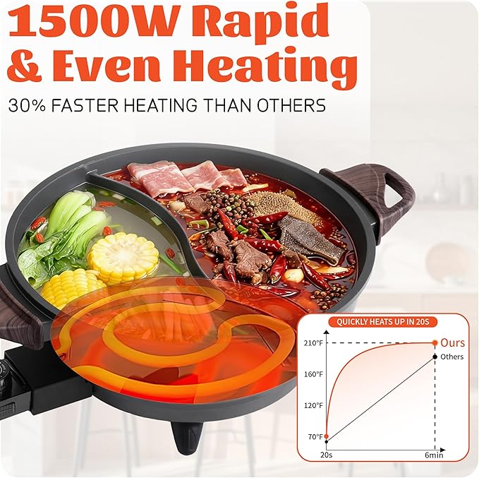 TWIN™ Electric Hot Pot with Divider | PFAS-Free Ceramic Nonstick Pot | EvenHeat Cast Aluminum Body | 1500W Fast Heating | Dual-Flavor Shabu Shabu Pots for Family Use | 1-Yr Warranty