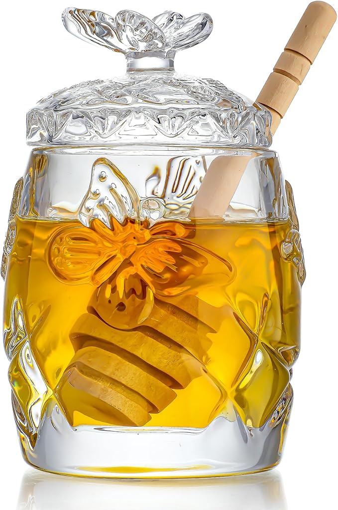 kanpura Clear Crystal Honey Jar with Dipper and Lid, Honey Bee Pot, 4.5oz Glass Honey Pot for Christmas Home Kitchen Decor