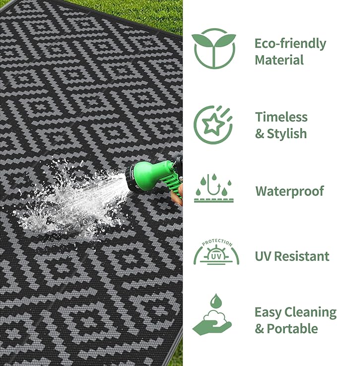 GENIMO Outdoor Rug Waterproof, 10' x 10' Reversible Plastic Straw Rug, Lightweight Large RV Camping Mat for Patio, Deck, Camper, Balcony, Backyard, Picnic, Black & Gray