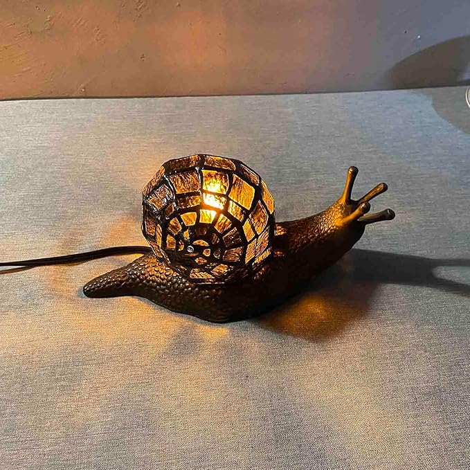 Bieye L10980 Land Snail Tiffany Style Stained Glass Accent Table Lamp for Home Decoration (Amber, 10" D x 5" W x 5" H)