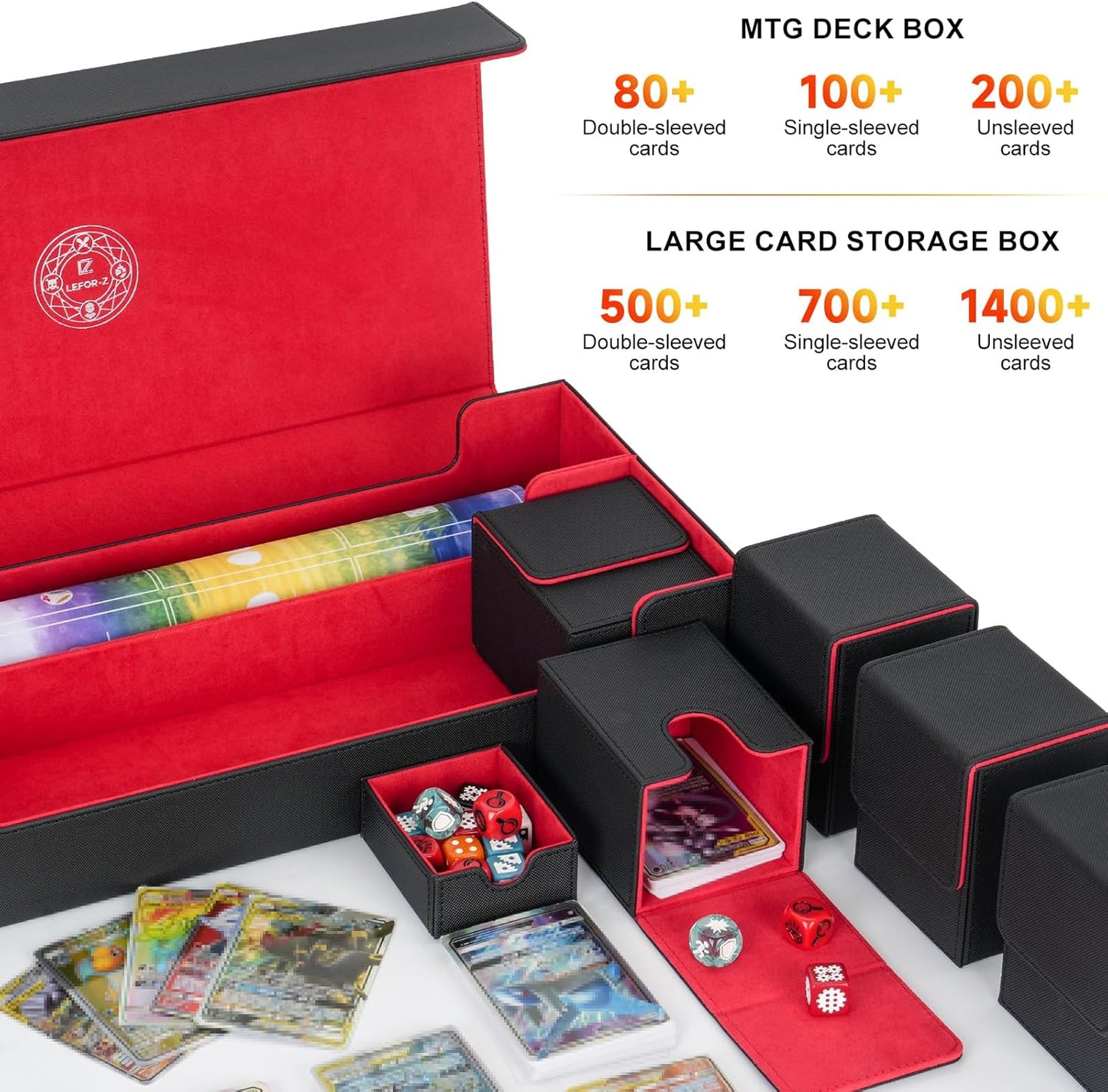 6 in1 Card Deck Box Set,X-Large Premium Trading Card Storage Case with 5 Small Box,Magnetic Game Deck Display Case Compatible with MTG/TCG/Yugioh/Magic/Commander(Black＆Red)