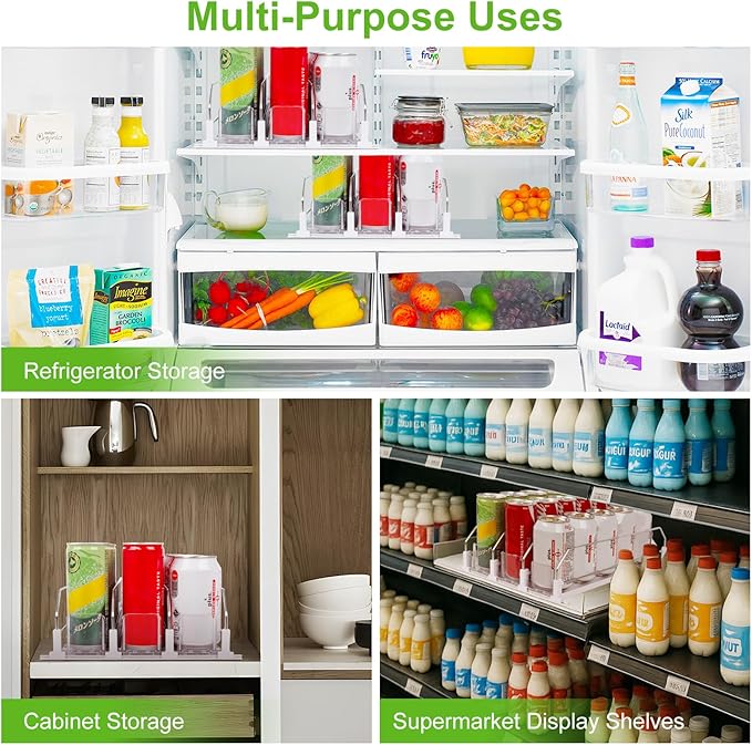 Drink Organizer for Fridge, Refrigerator Can Organizer, White Automatic Pusher Glide Drink Dispenser for Fridge, Soda Bottle holder for refrigerator, Holds up to 15 Cans, 3 Row
