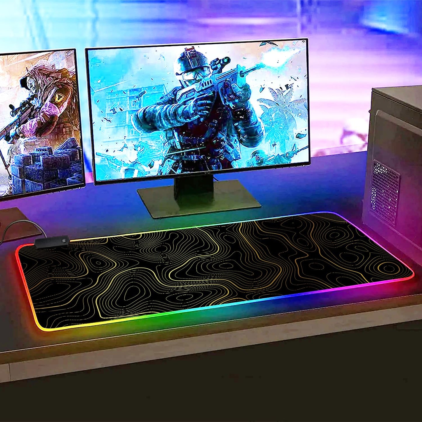 RGB Mouse Pad LED Desk Mat Large Gaming Mousepad Black and Gold Line Design, Keyboard Pad XL Mouse Mat for Home and Office (Black with Gold Topographic Line)