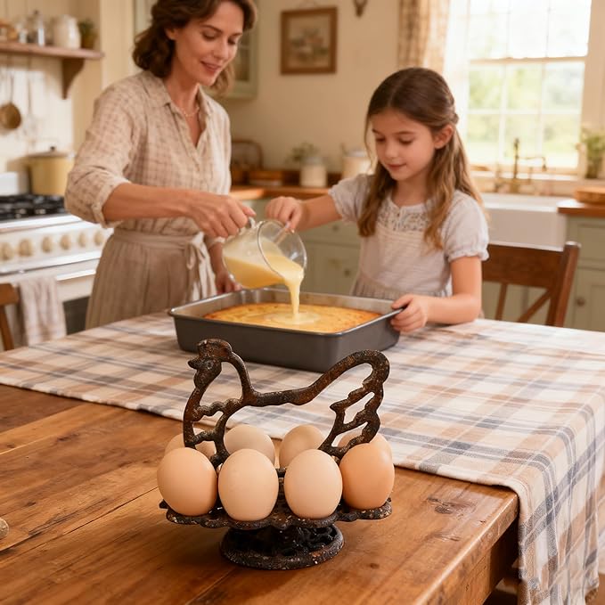 Vintage Cast Iron Chicken Egg Holder, Rustic Farmhouse Kitchen Decor Egg Tray, Heavy Duty Retro Decorative Table Display Stand for 8 Eggs (Antiqued Rusty)