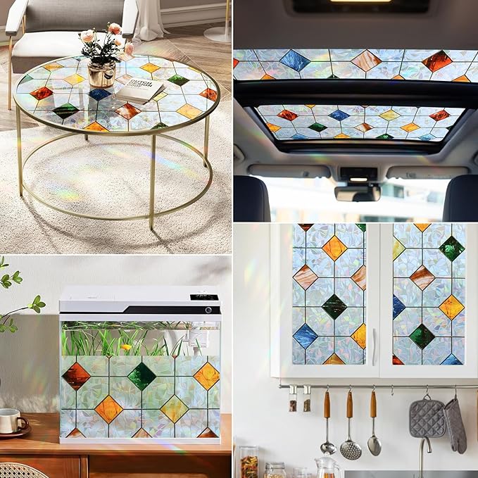 DKTIE Colorful Gem Lattice Pattern Decorative Window Privacy Film Rainbow Stained Glass Window Film Classroom Decor Renter Friendly Decor (S533, 23.6in X 118.1in)