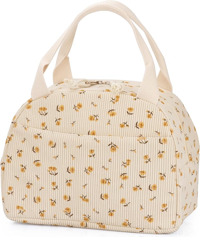 Lunch Bag - Insulated Lunch Box for Women, Reusable Large Capacity Cooler Bag for Adult, Small Leakproof Cute Corduroy Lunch Tote for Work Office Travel Picnic (Corduroy Chrysanthemum)