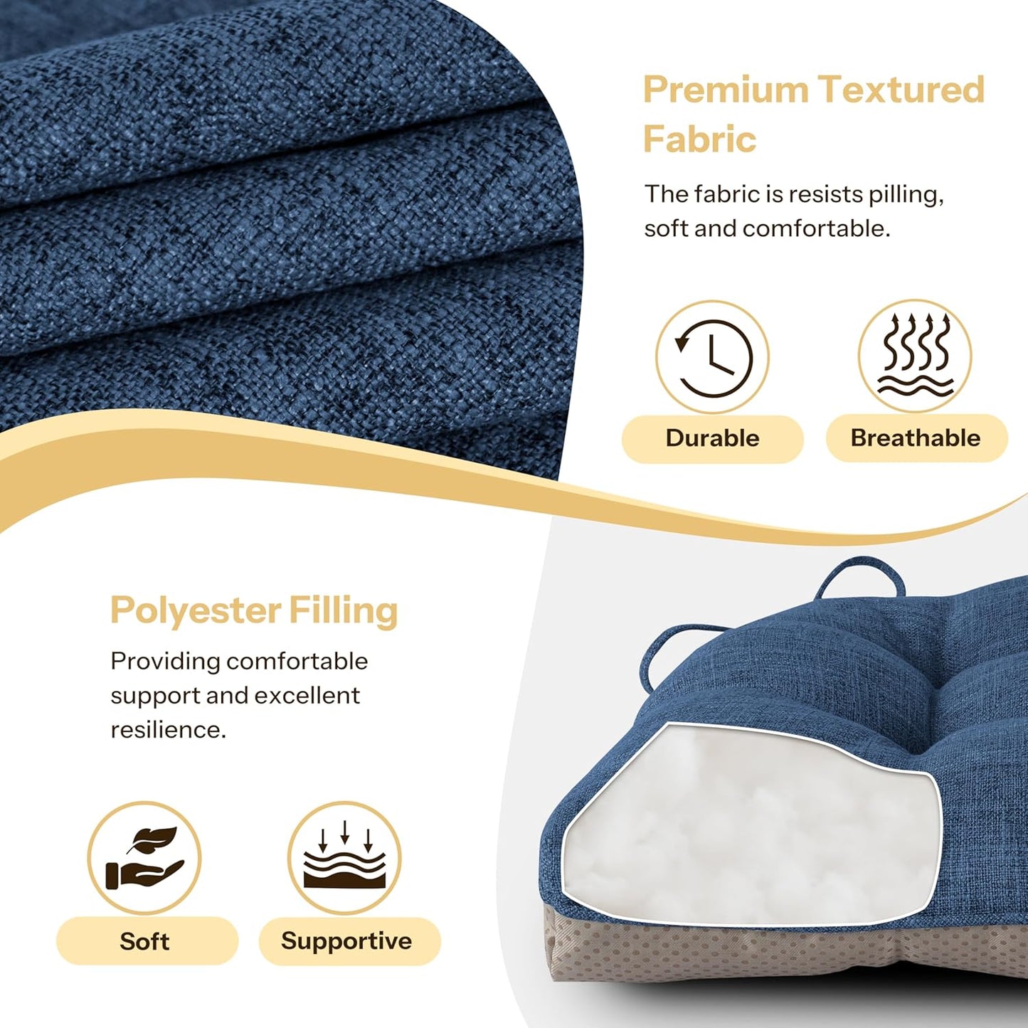 Non Slip Chair Cushions for Dining Chairs Set of 4 Kitchen Chair Cushions 18"x18"x3" Turfted Chair Pads Comfortable and Soft Seat Cushion with Ties, Royal Blue