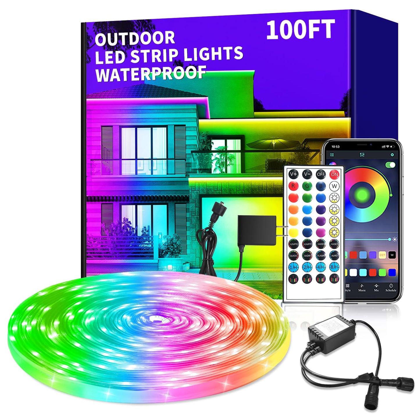 vimeepro LED Strip Lights 100ft Waterproof RGB Music Sync Remote Control, Dimmable Plastic Rope Light for Outdoor Indoor Use