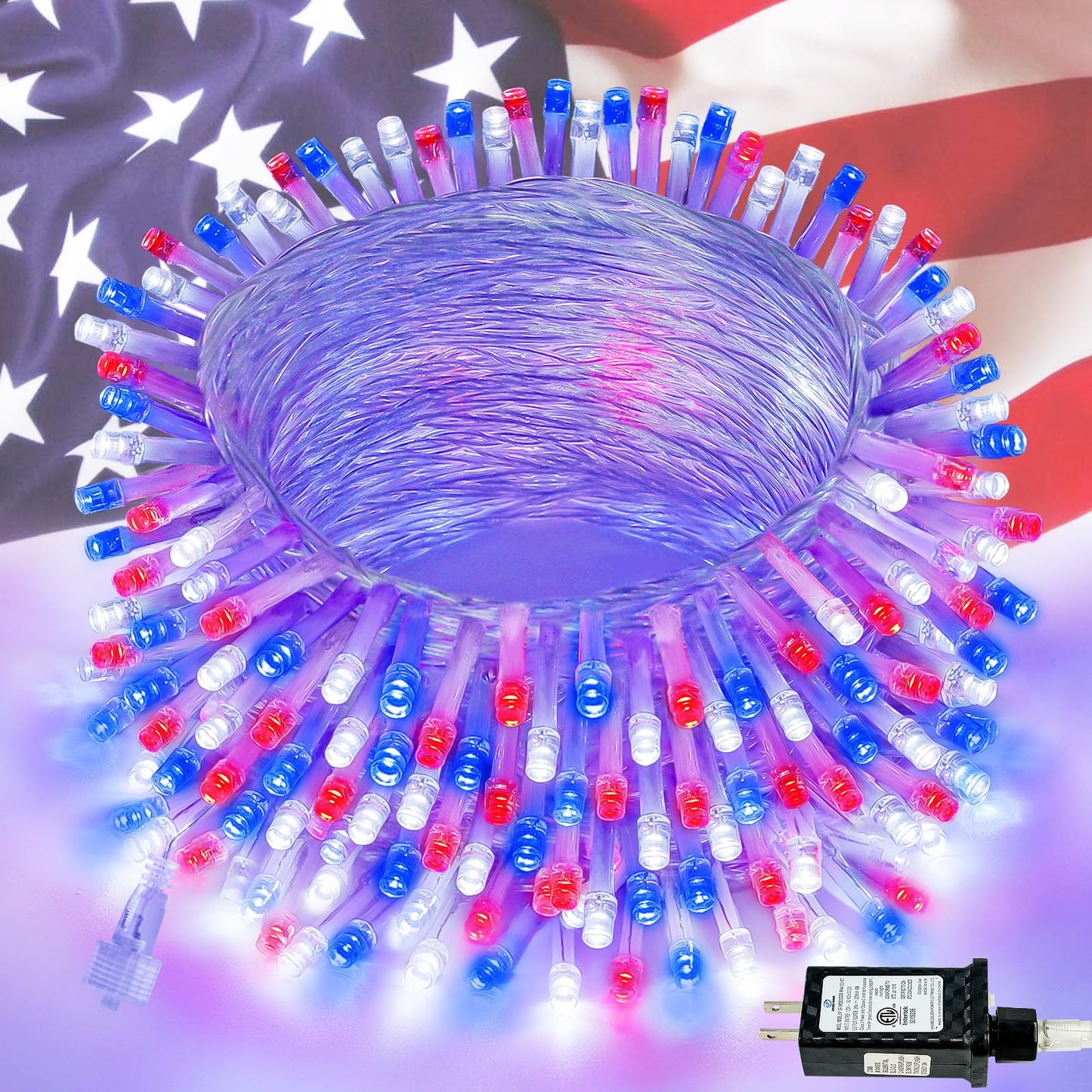 Kaq Red White & Blue Lights 115Ft 300Led 4Th Of July Decorations Outdoor/Indoor  Extendable Plug-In Twinkle Fairy Lights Waterproof With 8 Modes&Timer Independence Day Patriotic Tree Decorations