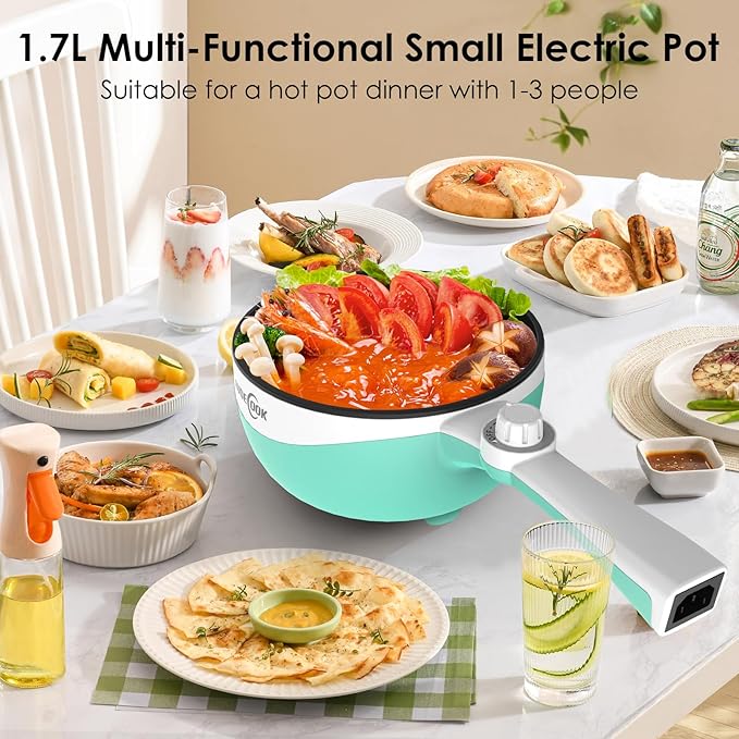 Audecook Hot Pot Electric, 1.7L Mini Electric Skillet Portable Nonstick Sauté Pan with Power Adjustment, Ramen Cooker Travel Multicooker for Steak/Soup/Egg/Oatmeal/Noodles (Tongs for Cooking Included)