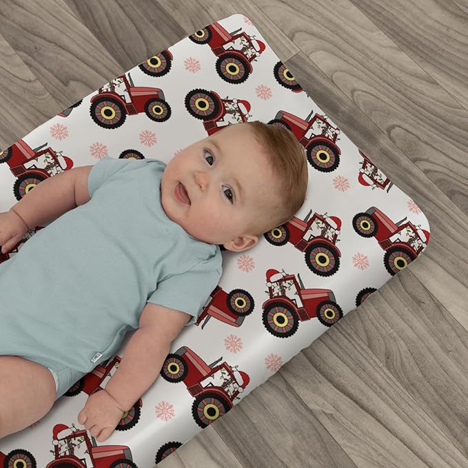 Red Tractors Snowflakes Baby Changing Pad Covers for Boy Girl Christmas Farm Tractor Harvest Fitted Change Table Cover Mats Farmhouse Trucks Vehicle Soft Diaper Changing Table Sheets 32''×16''