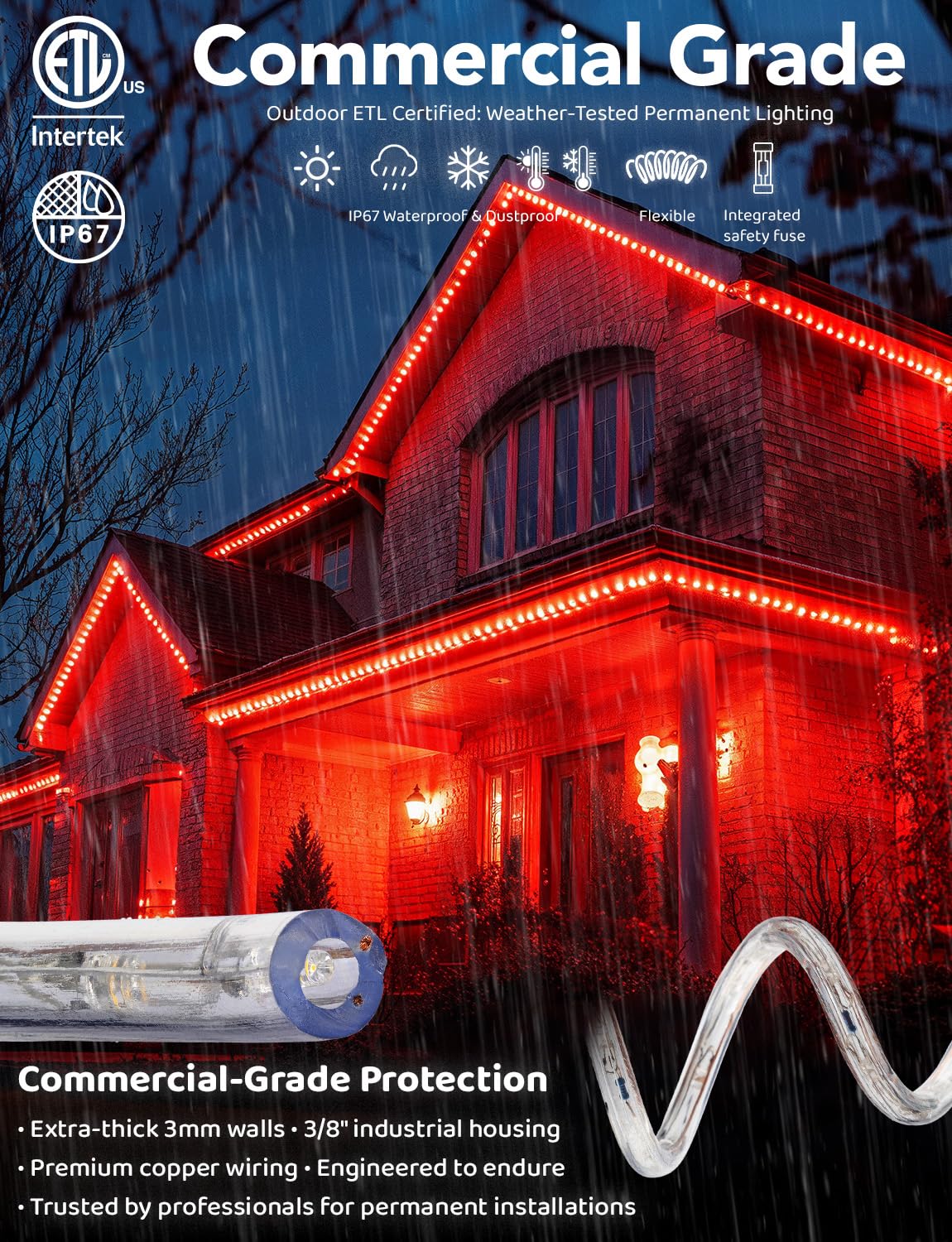 WYZworks LED Rope Lights, 150ft Connectable Waterproof Decorative Lighting, Red, ETL Certified, for Outdoor Use, Model AM-LEDROPE-RED-150-2