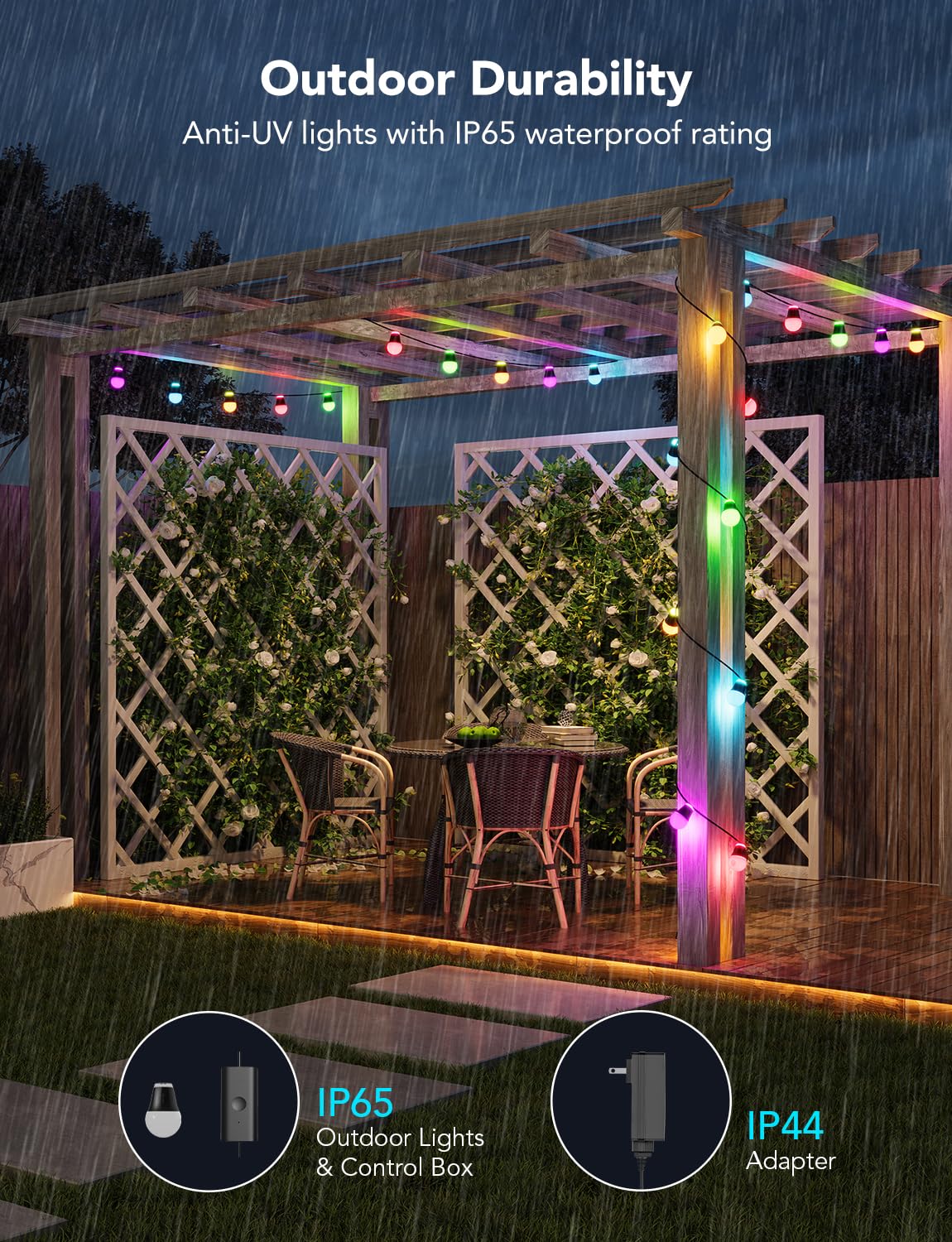 Govee Outdoor String Lights H1, 50ft RGBIC Outdoor Lights with 15 Dimmable Warm White LED Bulbs, Smart Outdoor Lights with 60 Scene Modes, IP65 Waterproof, Work with Alexa, Daily Lighting