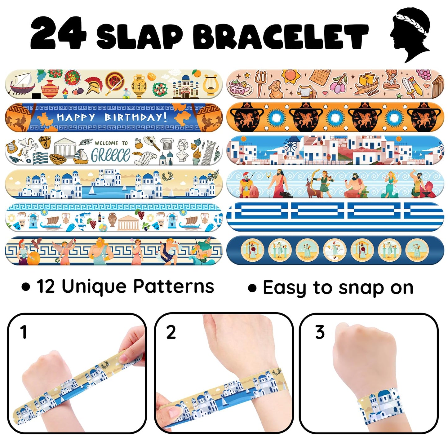 96 PCS Greek Mythology Party Favors Set - 72 Pre-Cut Temporary Tattoos & 24 Slap Bracelets, Perfect for Cultural Festivals & Tra