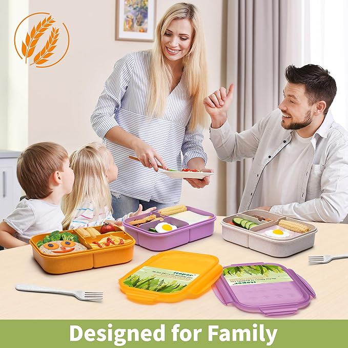 Wheat Straw Bento Box, BPA-Free Lunch Box for Kids & Adults - Leakproof 3-Compartment Lunch Containers with Utensil, Microwave & Dishwasher Safe, 5.5 Cup White