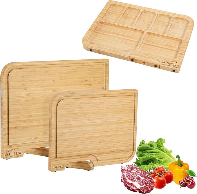 2-PCS Bamboo Cutting Board Set, Wood Cutting Board for Kitchen with Innovative Stand, Juice Groove & Handle, Double Sided for Chopping & Charcuterie Board, Kitchen Gift for Home Cooks, For Meat &Fruit