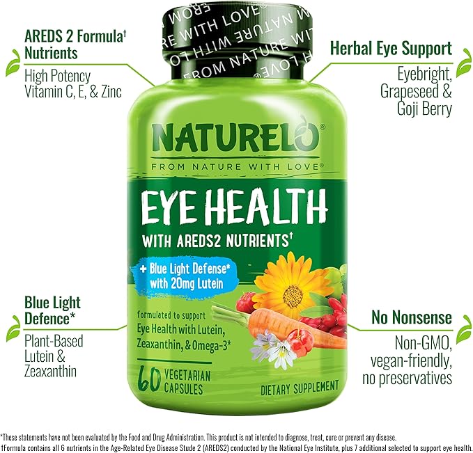 NATURELO Eye Vitamins - AREDS 2 Formula Nutrients with Lutein, Zeaxanthin, Vitamin C, E, Zinc, Plus DHA - Supplement for Dry Eyes, Healthy Vision, Eye Support - 60 Vegan Capsules (Pack of 2)