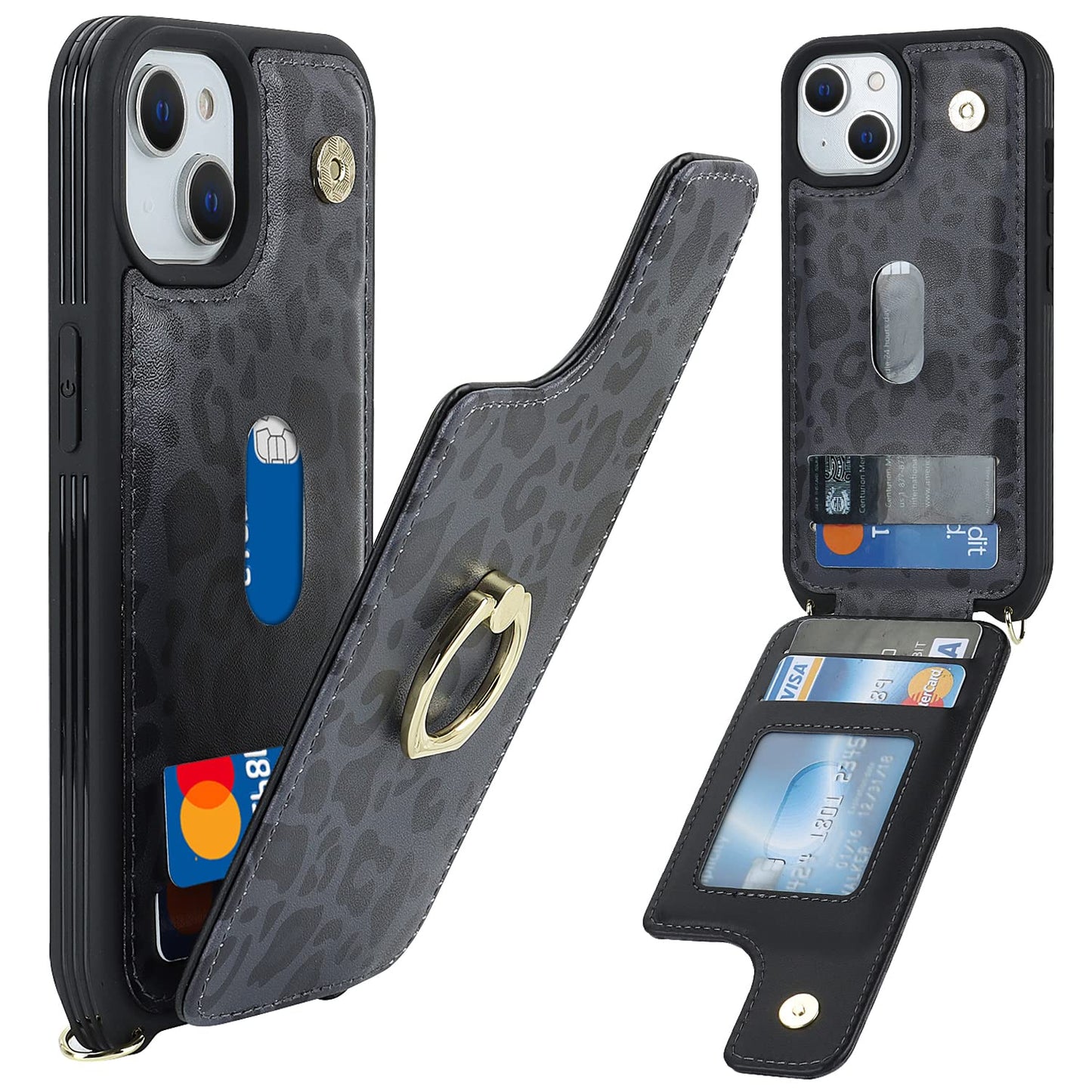 Lipvina For Iphone 13 Case With Card Holder For Women,Phone Case With Strap,Crossbody Lanyard,Ring Stand,Snap Clasp,Cute Wallet