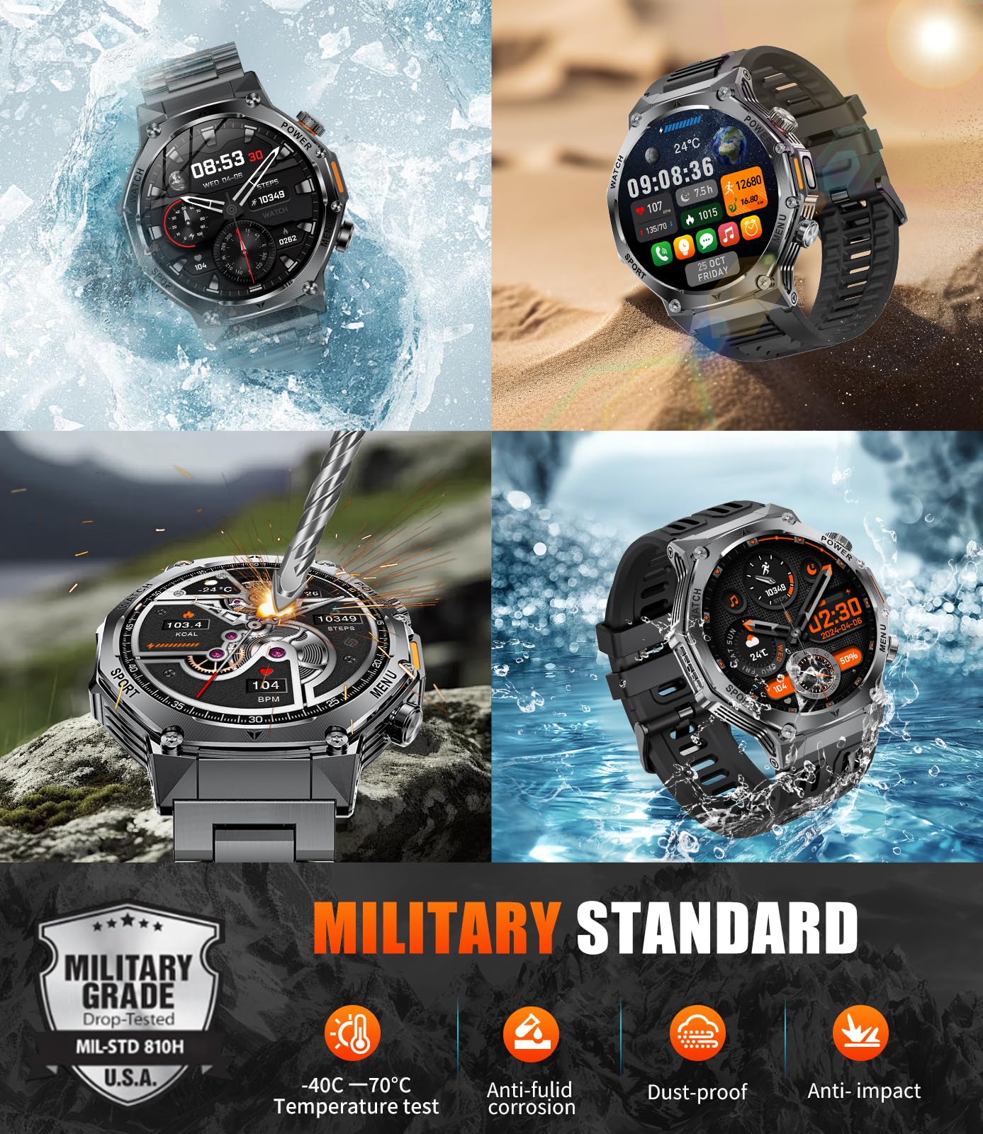 SUNKTA EF15 Military Smart Watch for Men - LED Flashlight, 1.75" HD Fitness Tracker Watch, 800mAh Long Battery Mens Smart Watches, 110+ Sport Mode/Pedometer/IP68 Waterproof Smartwatch for Android iOS