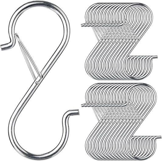 48 PCS S Hooks for Hanging with Safety Buckle, 3.5 inch Heavy Duty Metal S Shaped Hooks Stainless Steel for Hanging Kitchen Utensil, Cups, Pots, Plants, Bags, Hats (Silver)