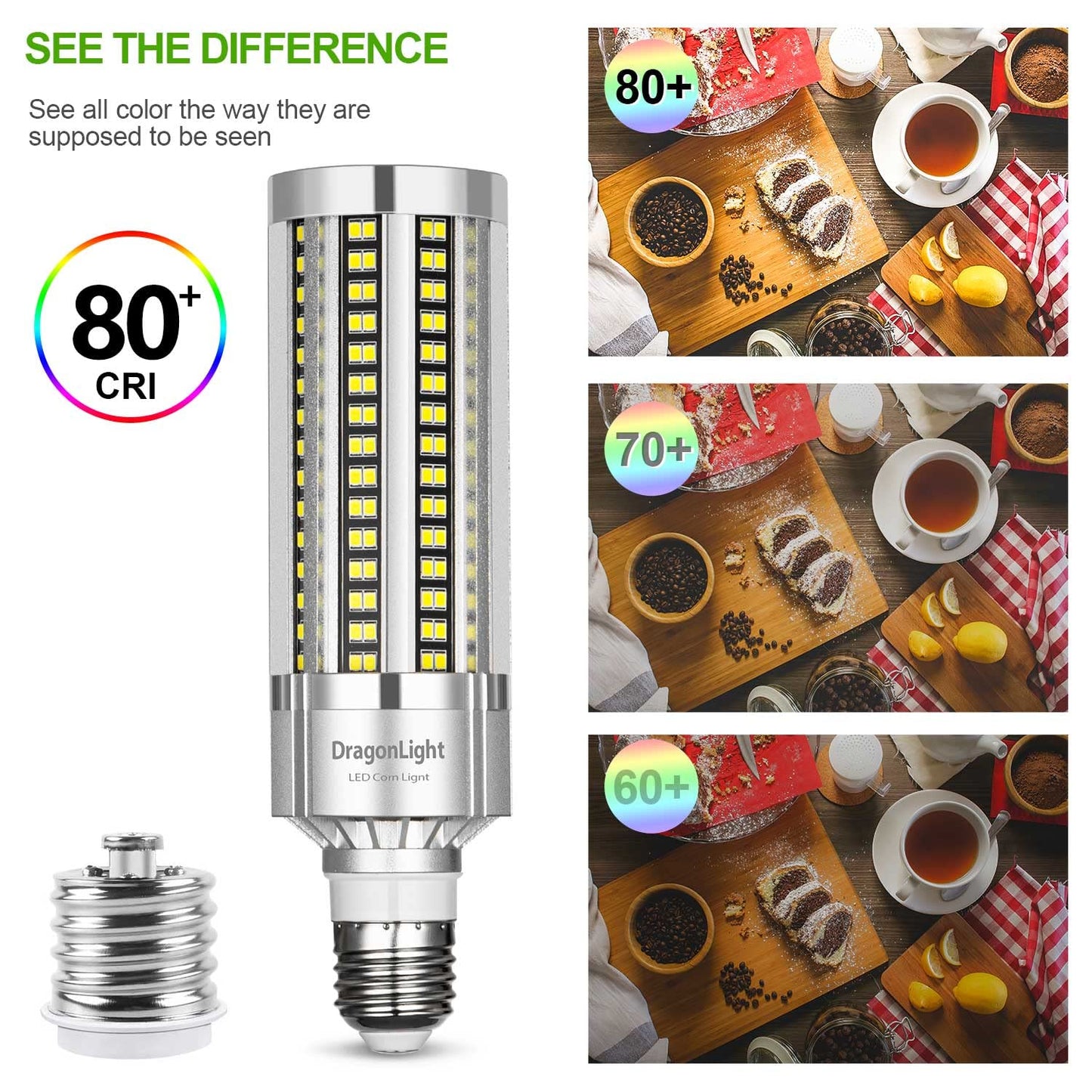 DragonLight 50W Corn LED Light Bulb, 6000K Daylight, E26/E39 Base, 6000LM, Fanless, Aluminum
