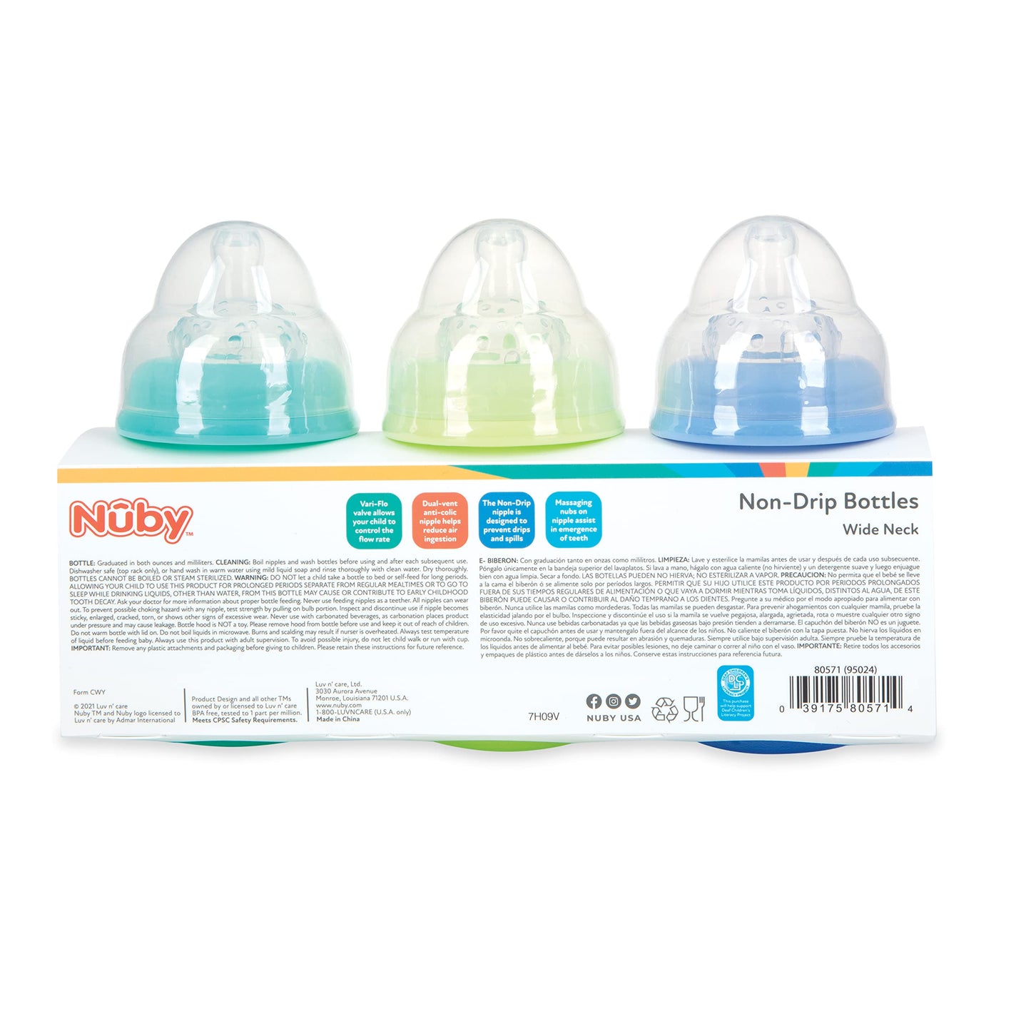 Nuby Wide Neck Non-Drip Bottle - Baby Bottles with Anti-Colic Vari-Flo Valve - (3-Pack) 8 oz - 0+ Months - Yellow, Blue, Green