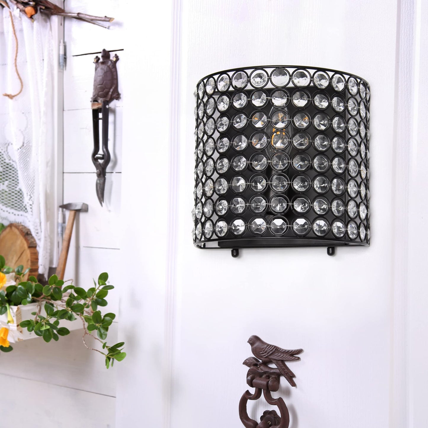 LALIA HOME Wall Sconce Lighting Fixture, 1-Light, Crystal & Metal, 8in x 4.75in x 8.25in, Black, Model LHW-2000 Family