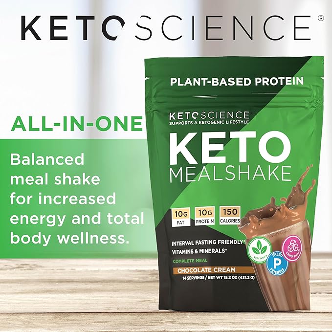 Keto Science Plant Based Protein, Keto Meal Shake, Rich in Vitamins & Minerals, Complete Meal Replacement, Pea Protein for Women & Men, Chocolate Cream, 14 Servings