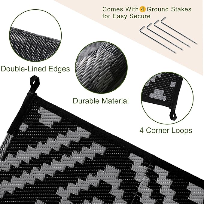 OPPODREAM Outdoor Rug 9x12 Patio Waterproof, Large Outdoor Plastic Straw Rug, Reversible Out Door Carpet for Camping, Deck, Rv, 9 x 12 Area Carpet for Balcony, Porch, Backyard, Black and Grey